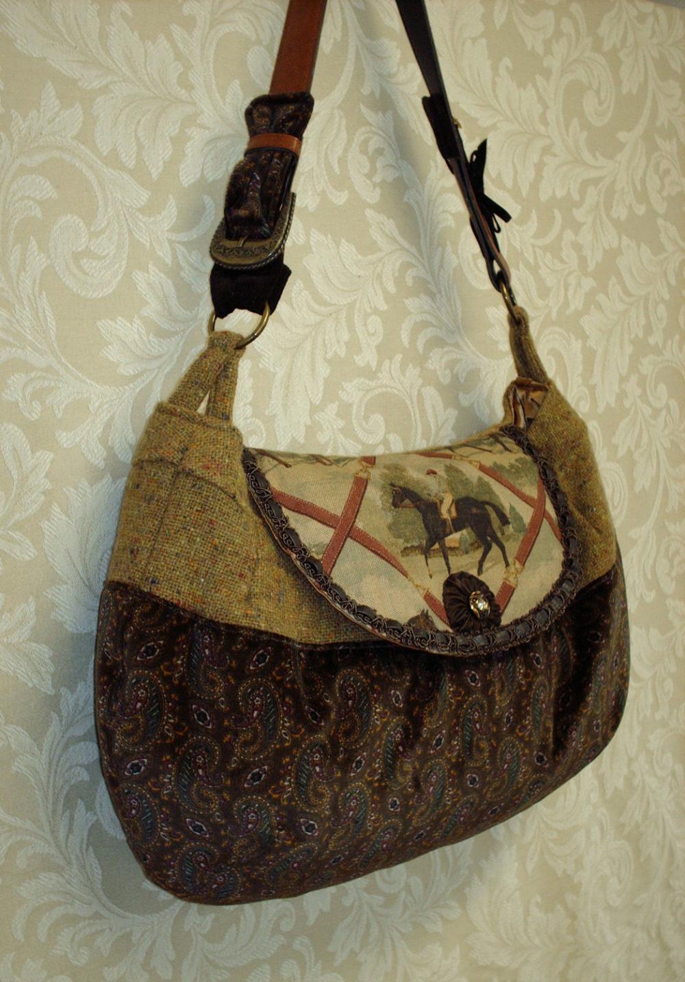 Large Equestrian Paisley Velvet And Wool Tweed Messenger bag / Autumn Fashion