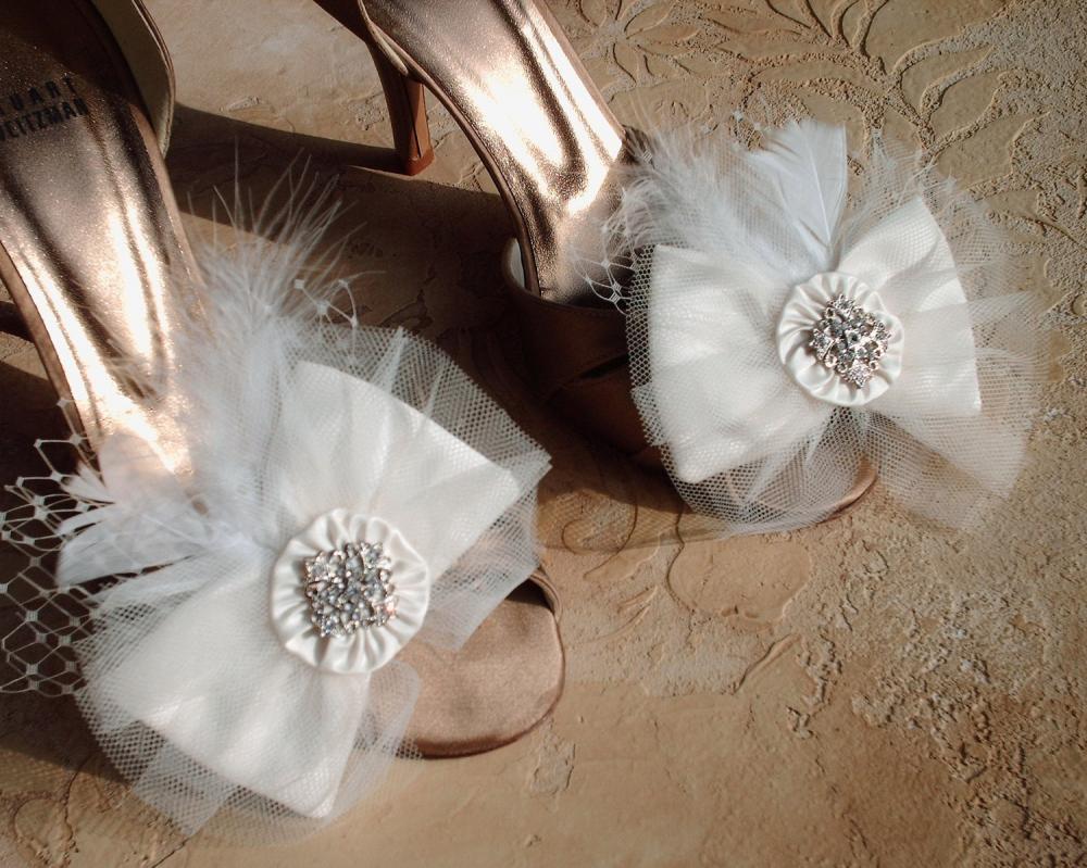Ivory Bow Wedding Shoe Clips Or Hair Clips / Embellished With Tulle Rhinestone Buttons A Wisp Of Feathers And Birdcage Netting