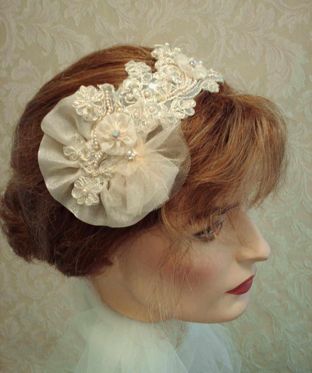 Champagne Gold Bridal Headband / Fascinator - Champagne And Gold Lace, Tulle, Shimmer Organza, Rhinestones, Wedding Headband