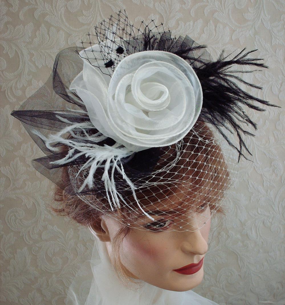 Cocktail Hat / Floral Feather fascinator In Black And White For Wedding / Dance / Burlesque