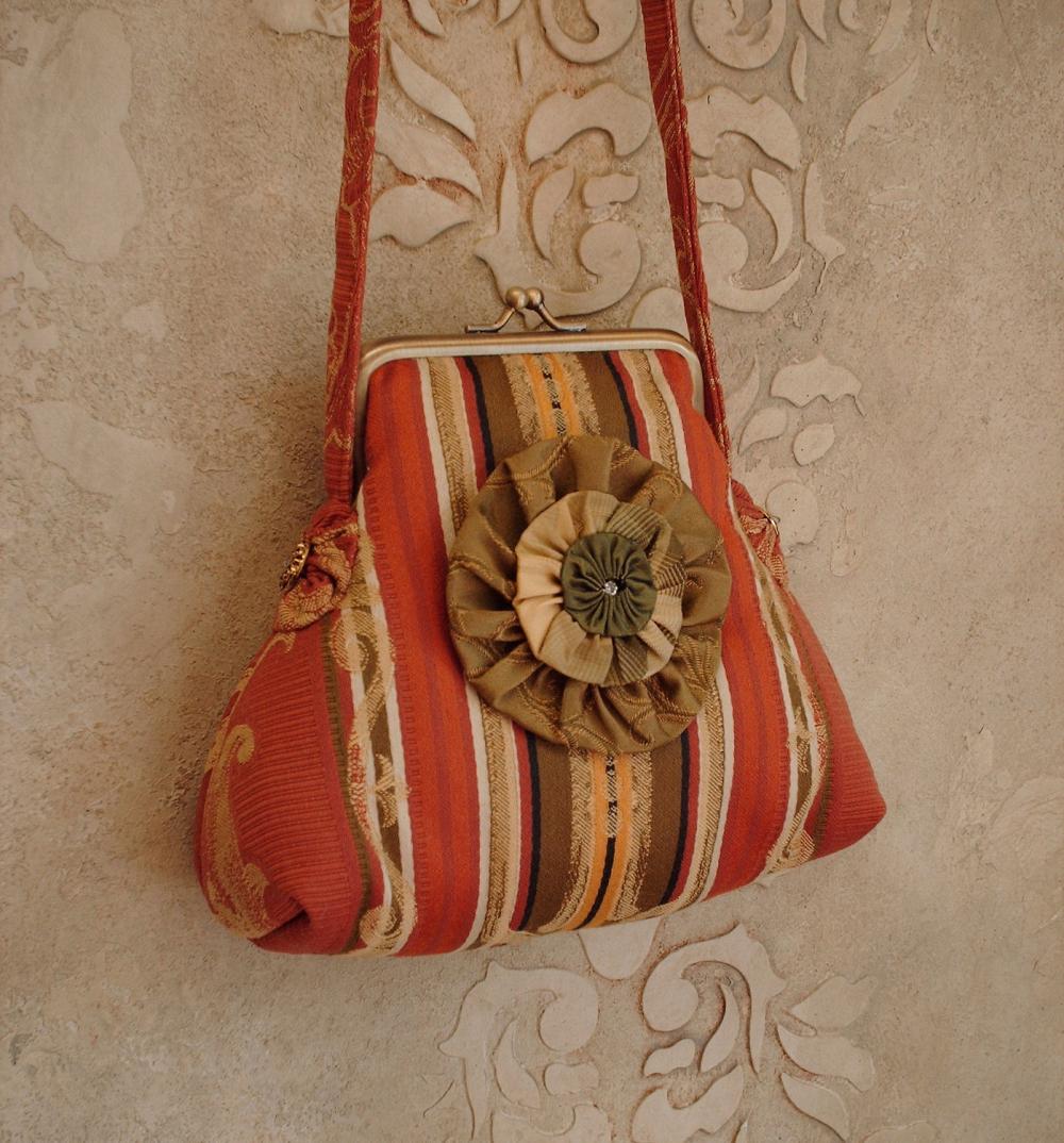 Striped Satin Damask Purse Tangerine Orange And Green / with Rosette brooch