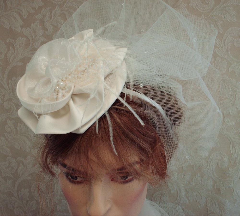 Ivory Bridal Floral And Lace Cocktail Hat / Fascinator With Teardrop