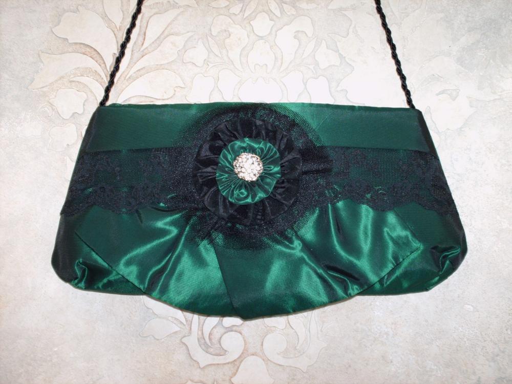 Sample Sale Emerald Green Taffeta And Black Lace Evening Clutch