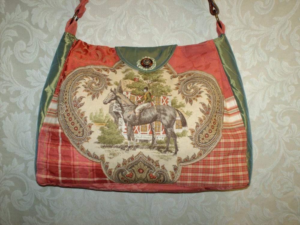 Eva Equestrian Tote Handbag In Tangerine Yellow Coral And Green With Leather Belt Strap