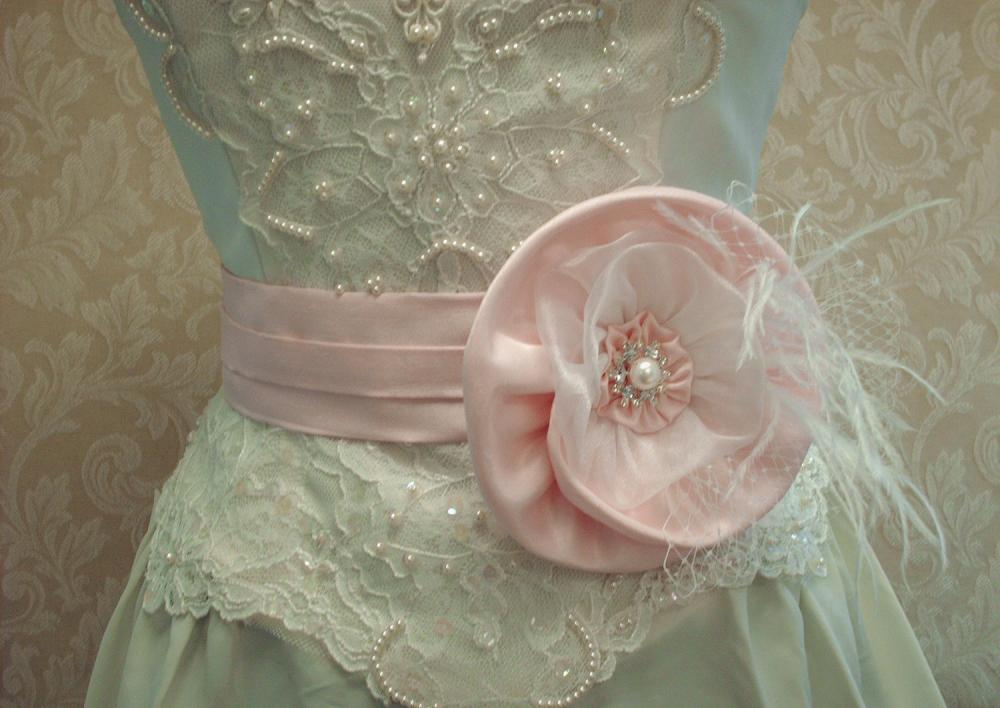 Pink Bridal Sash Belt / Satin Shantung, Organza, Floral Sash, Feathers, Rhinestone Pearl Button And Russian Netting
