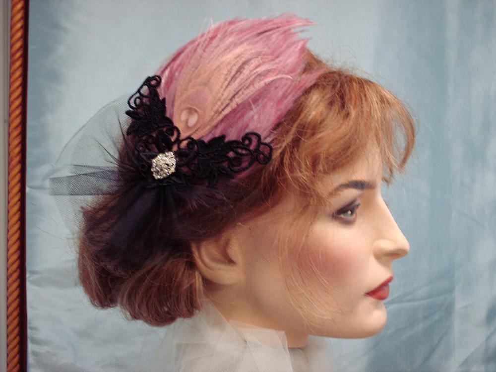  Diva Feather Fascinator Pink And Black For Dance Ballerina Burlesque / Bride Or Bridesmaid
