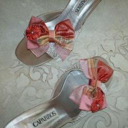 Coral And Pink Plaid Silk And Organza Double Bow Shoe Clips
