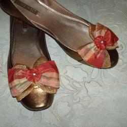 Dark Coral And Gold Plaid Silk And Organza Double Bow Shoe Clips