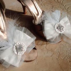 Ivory Bow Wedding Shoe Clips Or Hair Clips / Embellished With Tulle Rhinestone Buttons A Wisp Of Feathers And Birdcage Netting