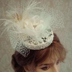 Ivory Bridal Hat Cocktail Hat Wedding Headpiece With Feathers Vintage Lace Pearls And Crystals
