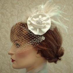 Flower Feather Fascinator, Wedding Satin Hair Clip, Birdcage Veil, Headpiece, Ivory, Edwardian Wedding, Retro Vintage, Carolina Moon Designs