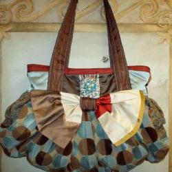 Large Couture Boho Carpet Bag For Fall / Powder Blue Red Gold And Brown With Turquoise Crystal and Pearl Vintage Coro Brooch