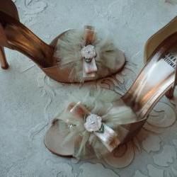 Bridal Shoe Clips - Wedding Shoe Clips - Glam Petit Tutu Gold Shimmer Tulle, Vintage Ribbon