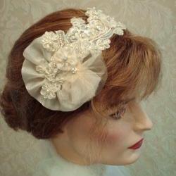 Champagne Gold Bridal Headband / Fascinator - Champagne And Gold Lace, Tulle, Shimmer Organza, Rhinestones, Wedding Headband
