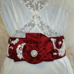 Red Bridal Sash - Beaded Sash, Vintage Ivory Lace, Pearls, Crystals, Rhinestone Sash