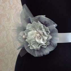 Silver Bridal Sash Tulle, Organza, Crystals, Pearls, Rhinestone Beaded Flower Sash