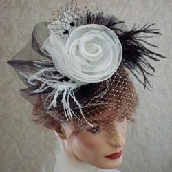 Cocktail Hat / Floral Feather fascinator In Black And White For Wedding / Dance / Burlesque