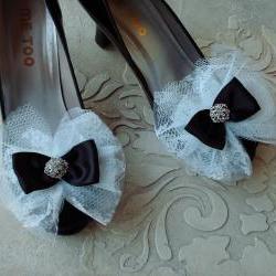 Glam Bow Shoe Clips Black White Wedding Satin Ribbon White Lace With Rhinestone Buttons