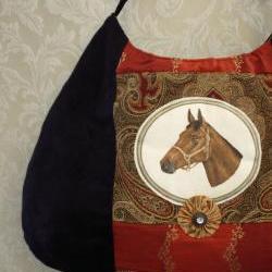 Equestrian Messenger Handbag / Black Ultra Suede And Paisley Fabric With Leather Strap