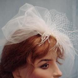 Double Layer Veil Illusion Tulle Birdcage with Russian Veiling Bow / Accented with Ostrich Feathers