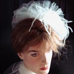Coco Bridal Veil Fascinator Double Layered Ivory Illusion Teardrop Tulle With Ostrich Feathers