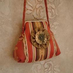 Striped Satin Damask Purse Tangerine Orange And Green / with Rosette brooch