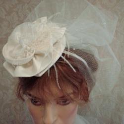 Ivory Bridal Floral And Lace Cocktail Hat / Fascinator with Teardrop Tulle Birdcage Veil
