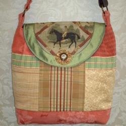 Equestrian Satchel Style Handbag / Coral Gold And Brown With Quilting
