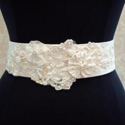 Beaded Wedding Sash Belt / Vintage Ivory Lace, Satin, Organza, Illusion Tulle, Bridal Sash