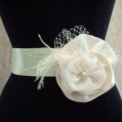 Feather Bridal Sash, Floral Wedding Belt Sash, Ivory Satin Bridal Sash, Feathers, Crystals, Rhinestones, Pearls, Russian Netting
