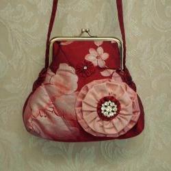 Quilted Silk Purse In Red and Pink Floral Painted Silk with Rosette Brooch For Wedding Special Occasion Or Evening Out