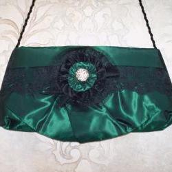 Sample Sale Emerald Green Taffeta And Black Lace Evening Clutch