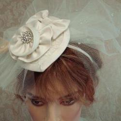 Bridal Fascinator Hat / Hair Clip / Headband With Teardrop Tulle Blusher Veil