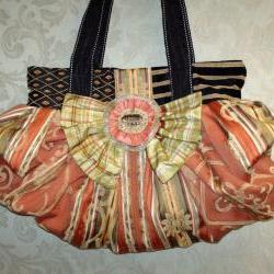 Large Boho Chic Carpet Bag In Tangerine Coral Green And Black With Silk Bow And Handcrafted Removable Brooch