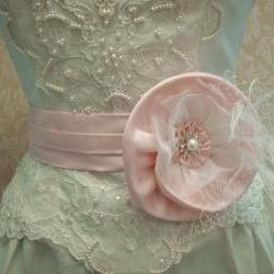 Pink Bridal Sash Belt / Satin Shantung, Organza, Floral Sash, Feathers, Rhinestone Pearl Button And Russian Netting