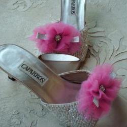 Glam Shoe Clips Bright Pink Tulle, Silver Bow And Rhinestones, Weddings, Bridal Shoe Clips
