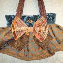 Boho Carpet Bag With Silk Bow And Vintage Brooch / Midnight Blue Autumn Gold and Rose