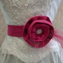 Floral Bridal Sash Belt / Bright Pink Fuchsia, Hand Dyed Ostrich Feathers, Bridcage Netting, Bridal Accessories
