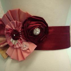 Glam Bridal Belt Handcrafted In Dark Red Taffeta Pink And Gold Silk For Autumn Or winter Wedding Or Reception