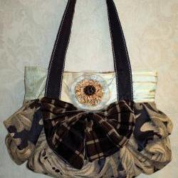 Tan And Black Tapestry Boho Chic Carpet Bag With Handcrafted Removable Brooch