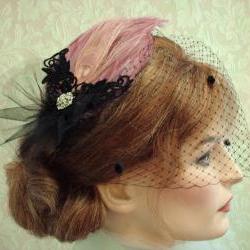 Diva Feather Fascinator With Black Chenille Dot Bandeau Style Birdcage Veil