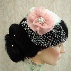 Eva Feather Fascinator With Organza Flower / Bridal Headband With Attached Russian Netting Veil