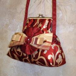 Silk Purse In Dark Red and Gold Painted Silk / with Rosette Bow Brooch For Wedding Or Special Occasion