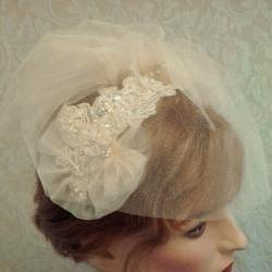 Champagne Birdcage Veil Ad Fascinator Set / Wedding Headpiece With Tulle Birdcage Veil Set